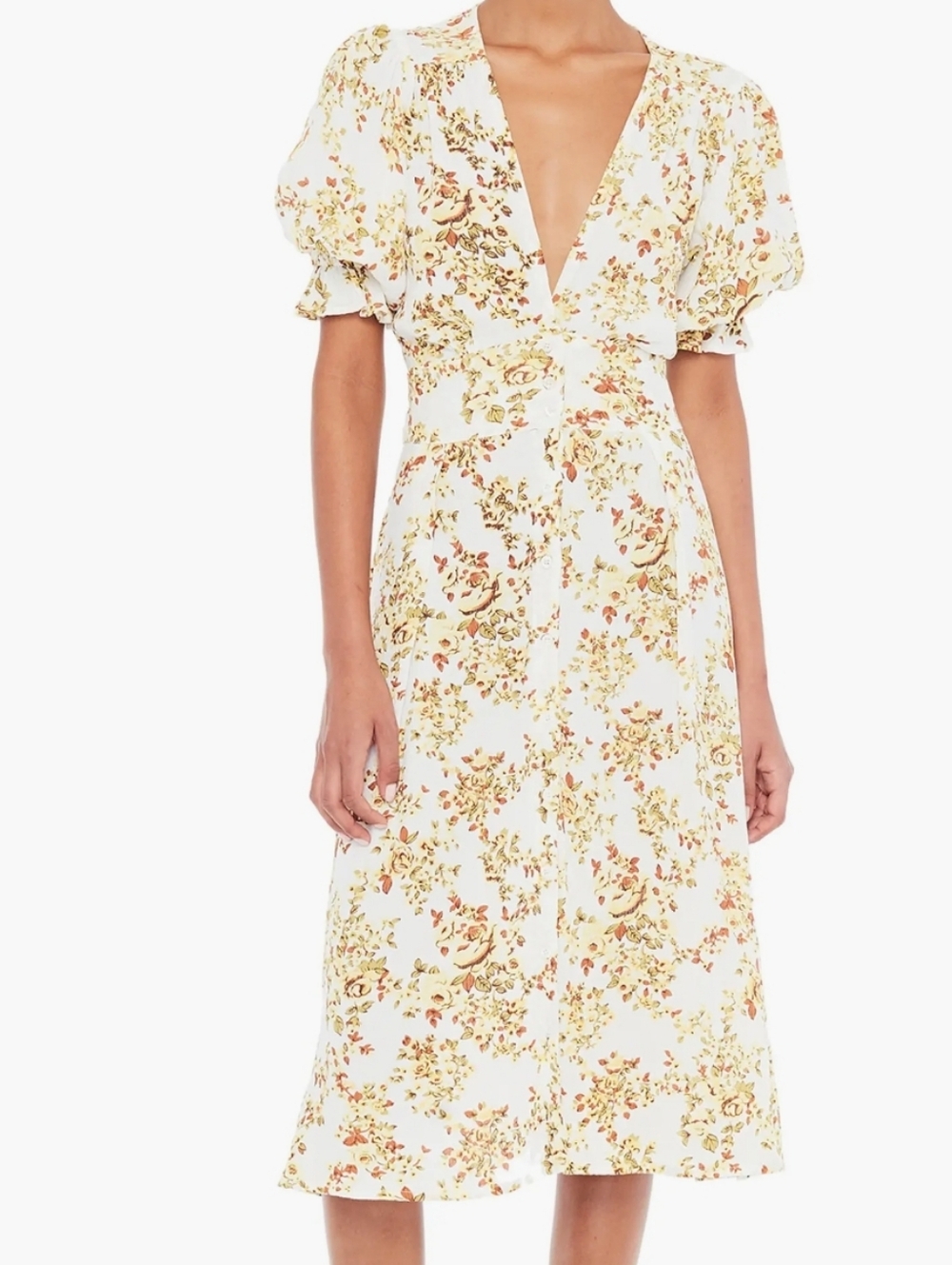 Faithfull Rafa Midi Dress Goldie Floral XS Puff Sleeve Tie Waist Rayon